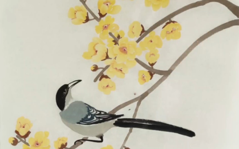 国画写意喜鹊腊梅花.