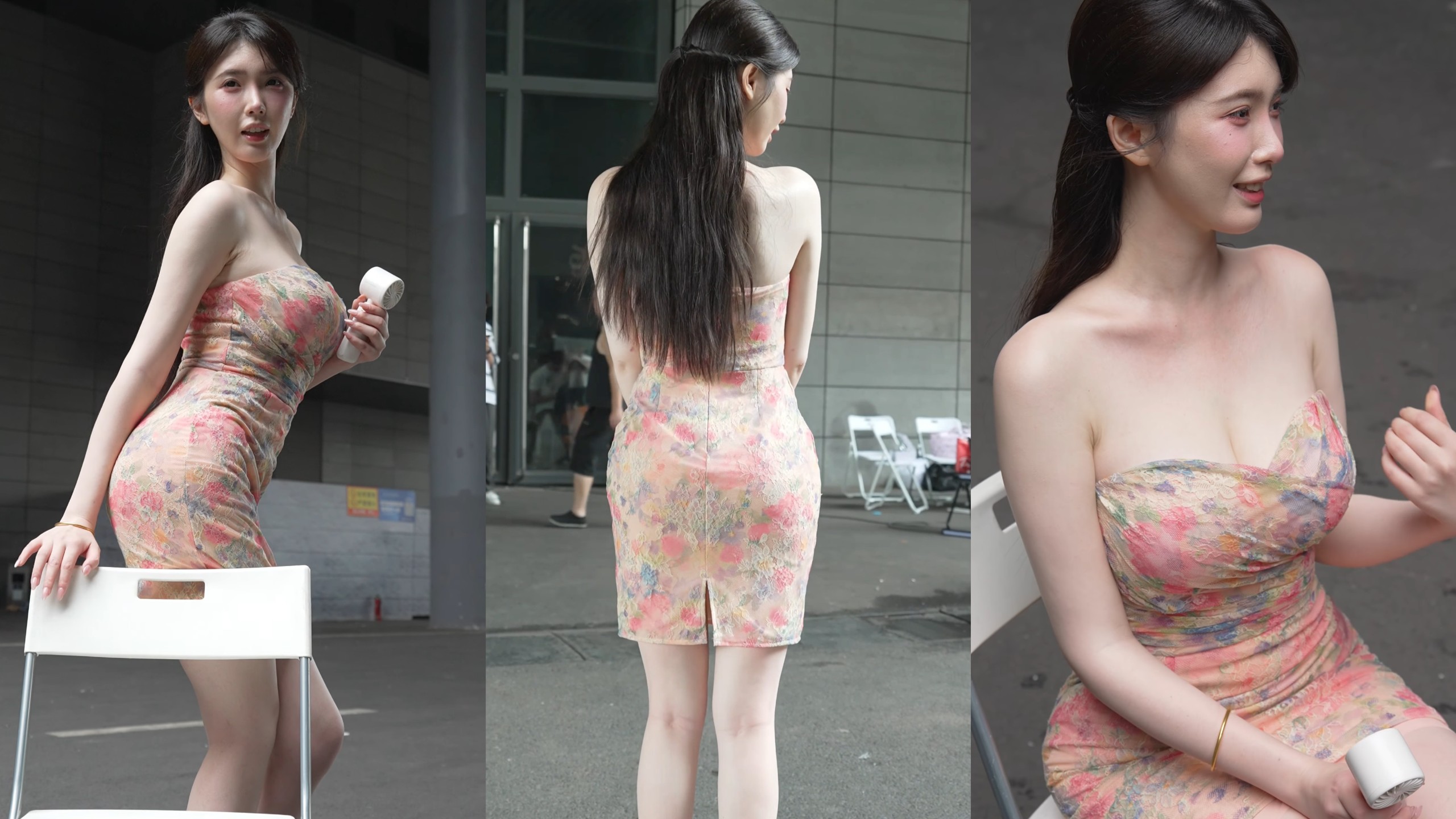 纯欲天花板！碎花抹胸裙+银色高跟