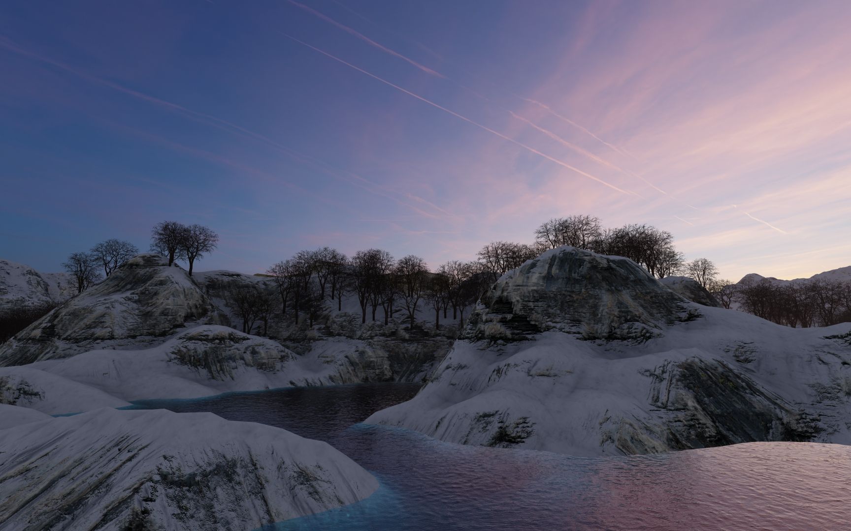 良辰美景世外桃源夕阳晚霞看日落3d建模雪山枯树渲染制作动画