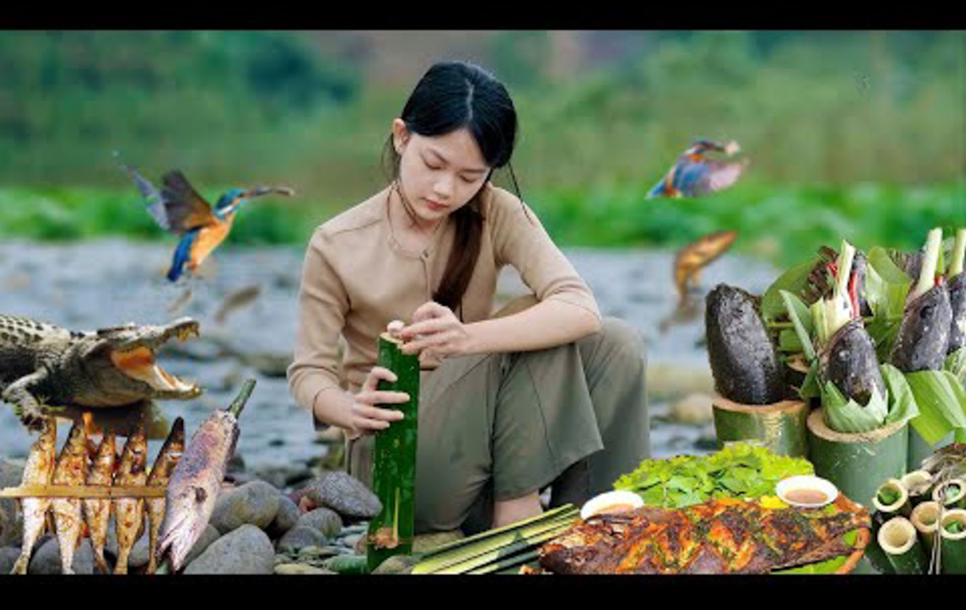 手工竹鱼捕手,竹筒烤鱼制作-阮林英"越南李子柒"