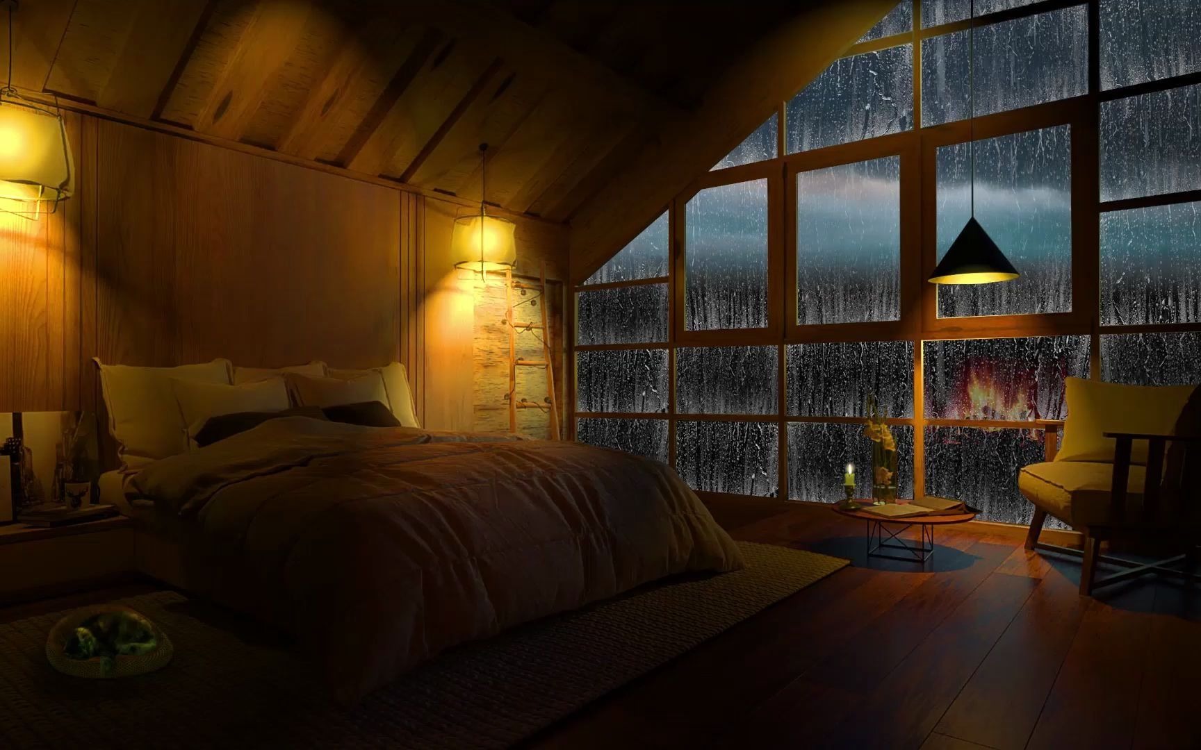 cozy bedroom with rain, fireplace sounds and a cute kitty