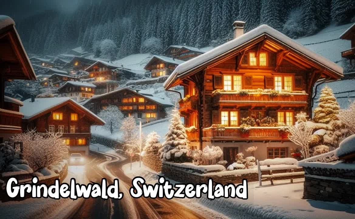 瑞士小镇雪景夜景图片