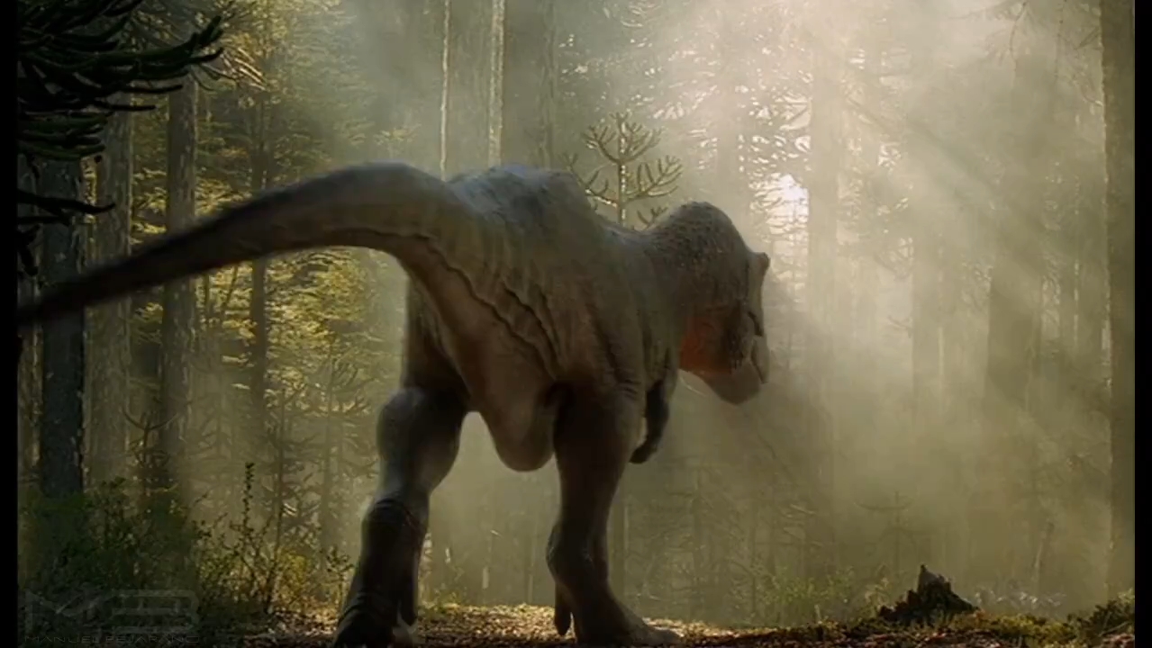 用目前复原还原《与恐龙同行》中霸王龙穿行丛林场景