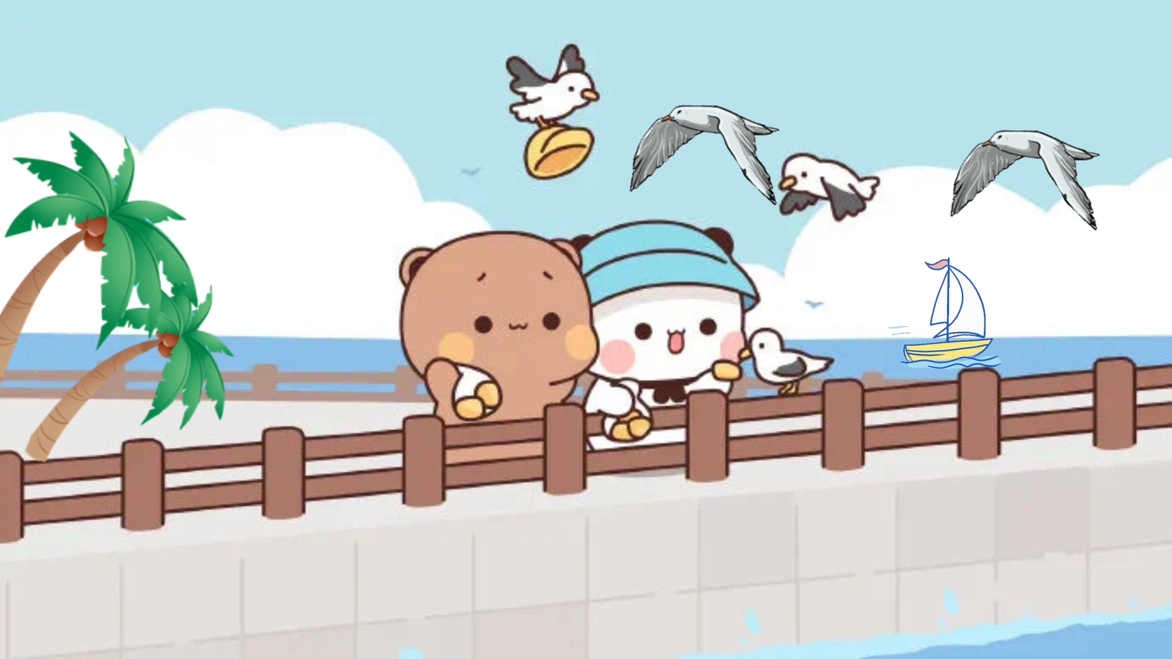 两只小熊去海边喂海鸥啦