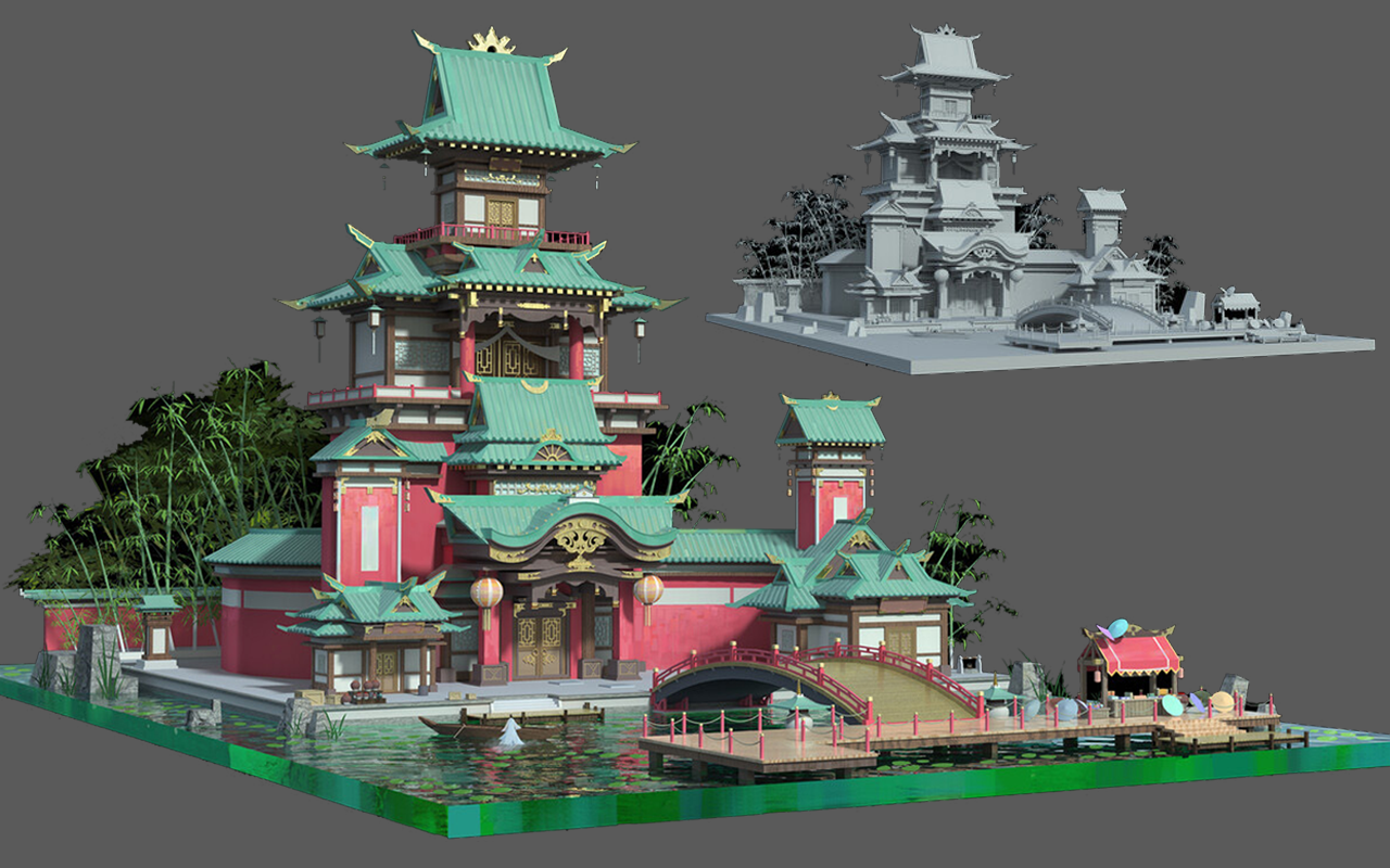 【3dmax场景建模】古代楼阁水榭模型详解,零基础必备实战案例,从0到1