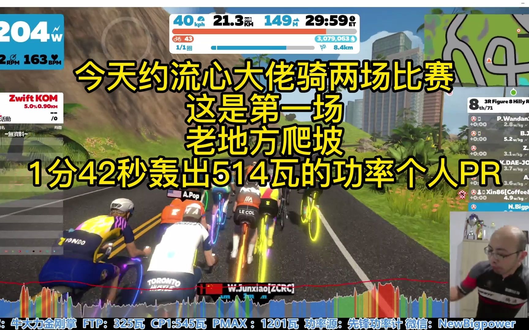 Zwift 约表哥两场比赛 Hilly KOM 1分42秒平均514瓦PR哔哩哔哩bilibili