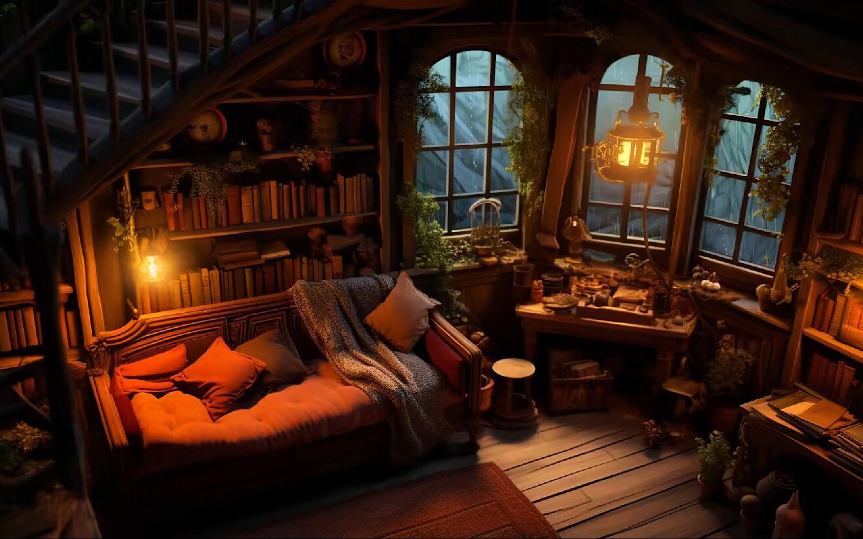 遇到大雨只能先待在森林小木屋休息一晚 木质暖色调 精灵的温馨书屋