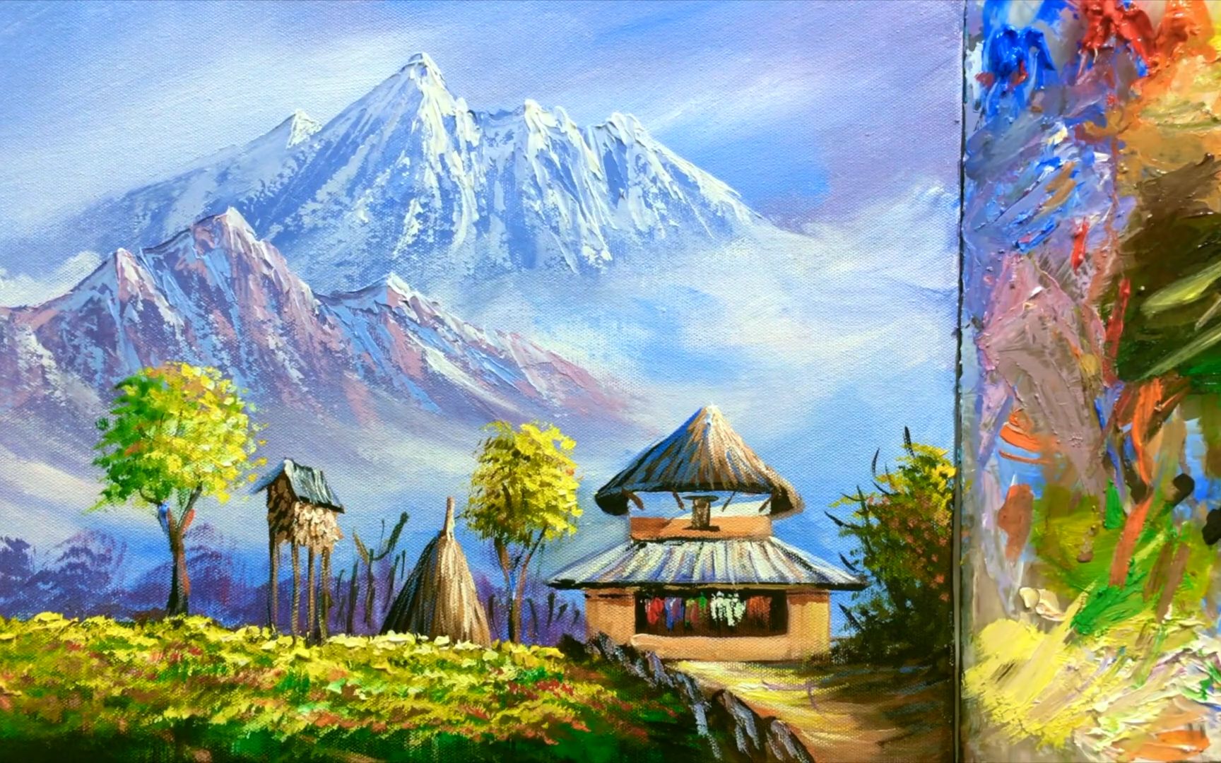 雪山下的茅屋丙烯画作品欣赏