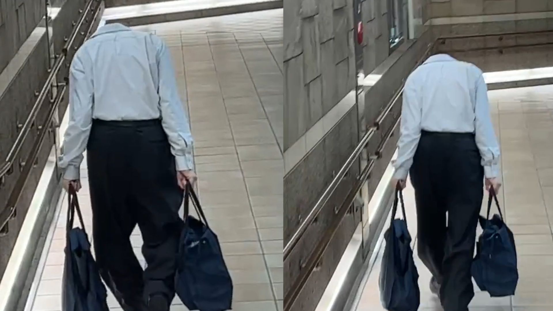 男子驼背低头走路,远处看像"无头人"行走,身后路人不敢往前走