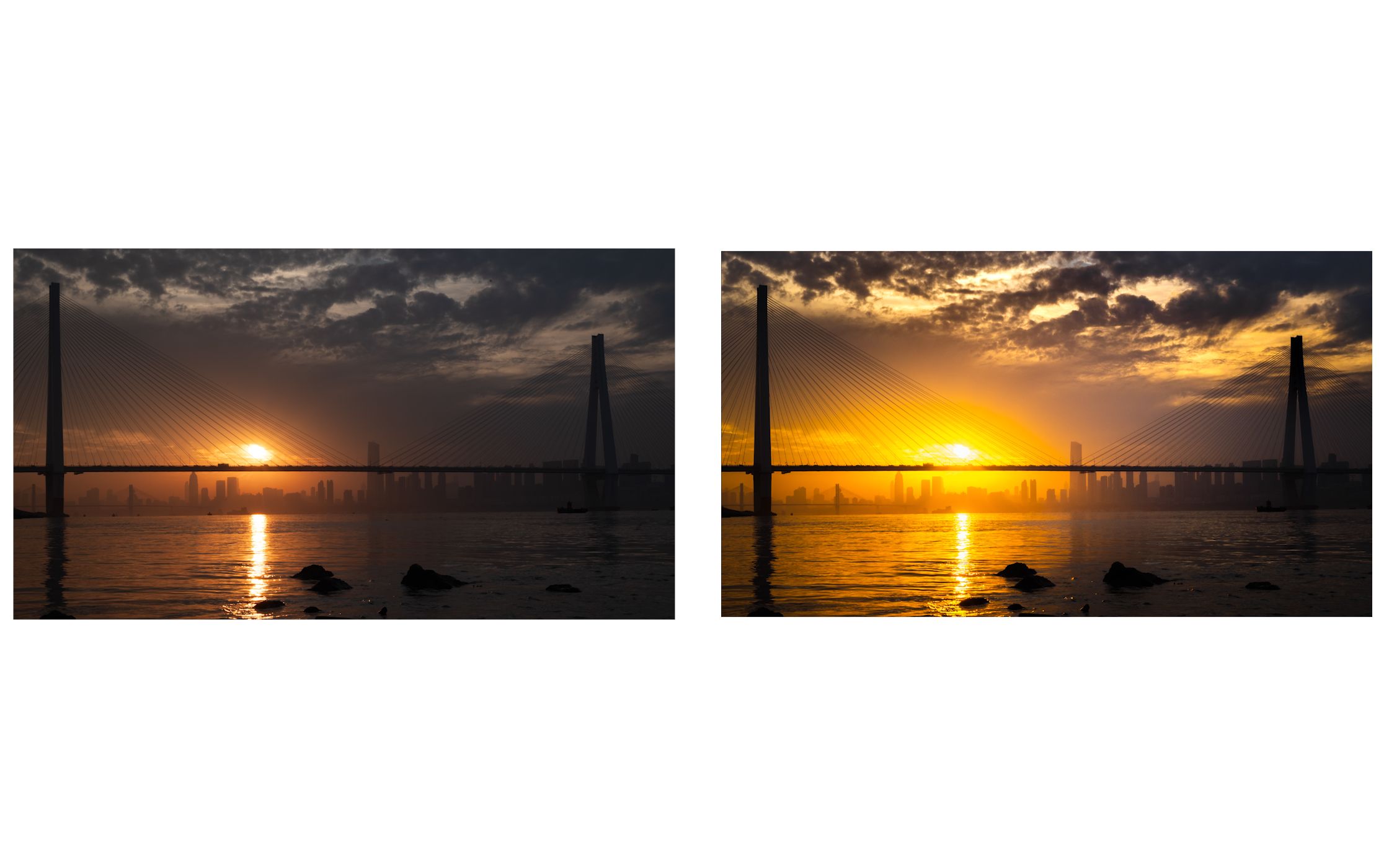 camera raw修图 江边日落 jpg和raw格式对比