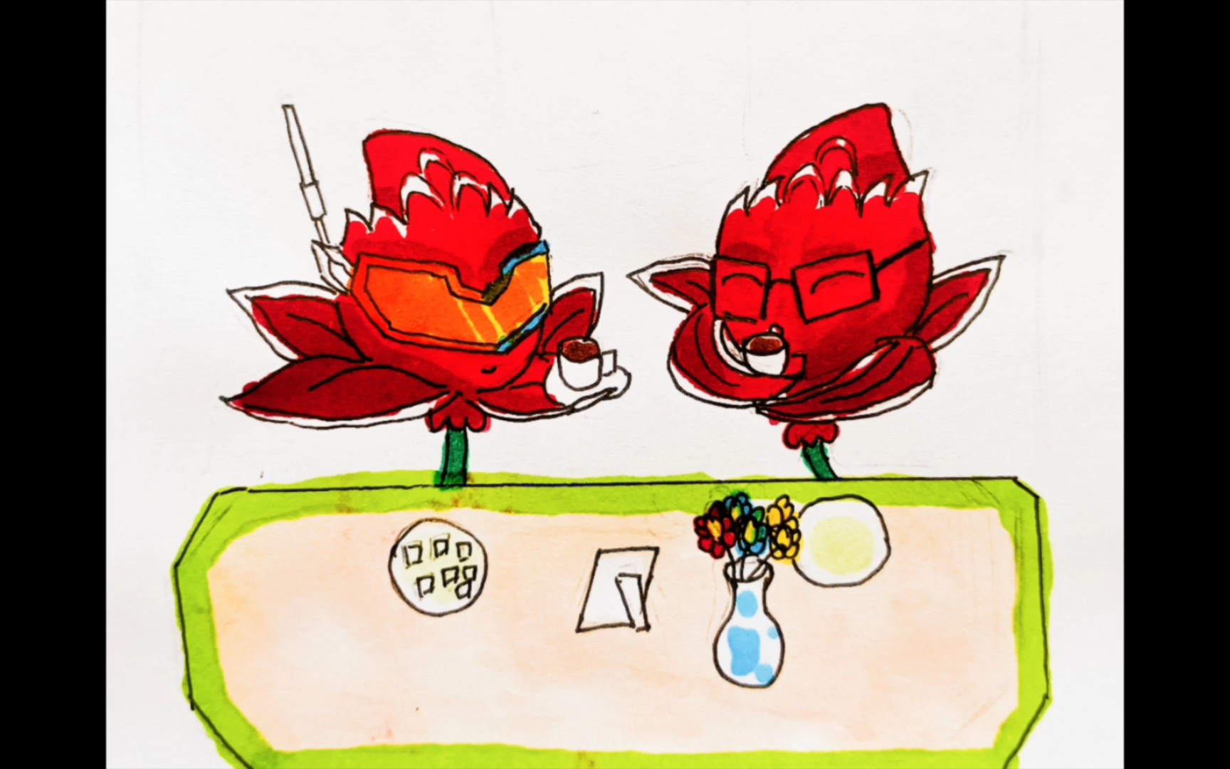 去和戴眼镜的红针花喝咖啡(pvz手绘)