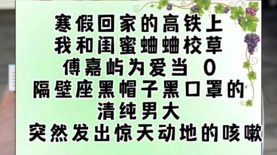 寒假回家的高铁上,我和闺蜜蛐蛐校草傅嘉屿为爱当 0.隔壁座黑帽子黑口罩的清纯男大,突然发出惊天动地的咳嗽.「听说隔壁班的校草傅嘉屿,他为爱当...