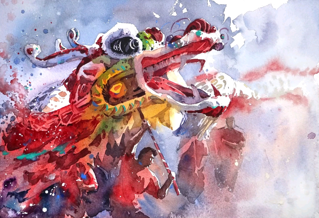 【水彩】no.124《龙之舞》过年好