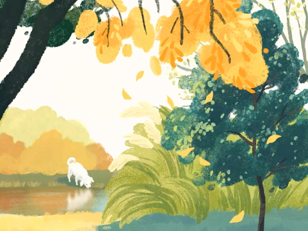 【ipad画插画】秋天河边的小狗