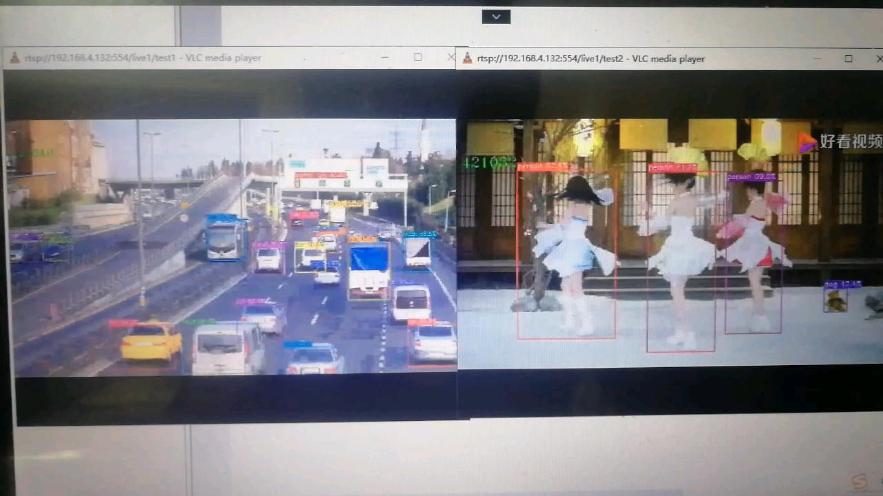 香橙派5 ffmpeg 拉兩路rtsp-npu yolov8檢測-推兩路rtsp顯示結果