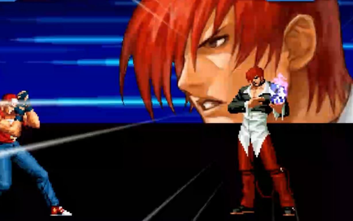 拳皇表八神庵独特的造型腿上绑了一条带子上衣背后有个月亮图案