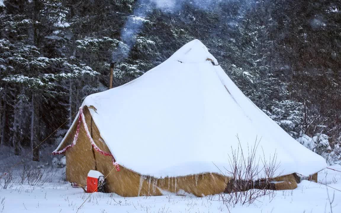 [图]暴风雪中的热帐篷露营，冬天在暴风雪中用热帐篷和柴火炉露营。在暴风雨中的帆布热帐篷露营、篝火烹饪和在冰冻温度下的冬季露营冒险中享受大自然