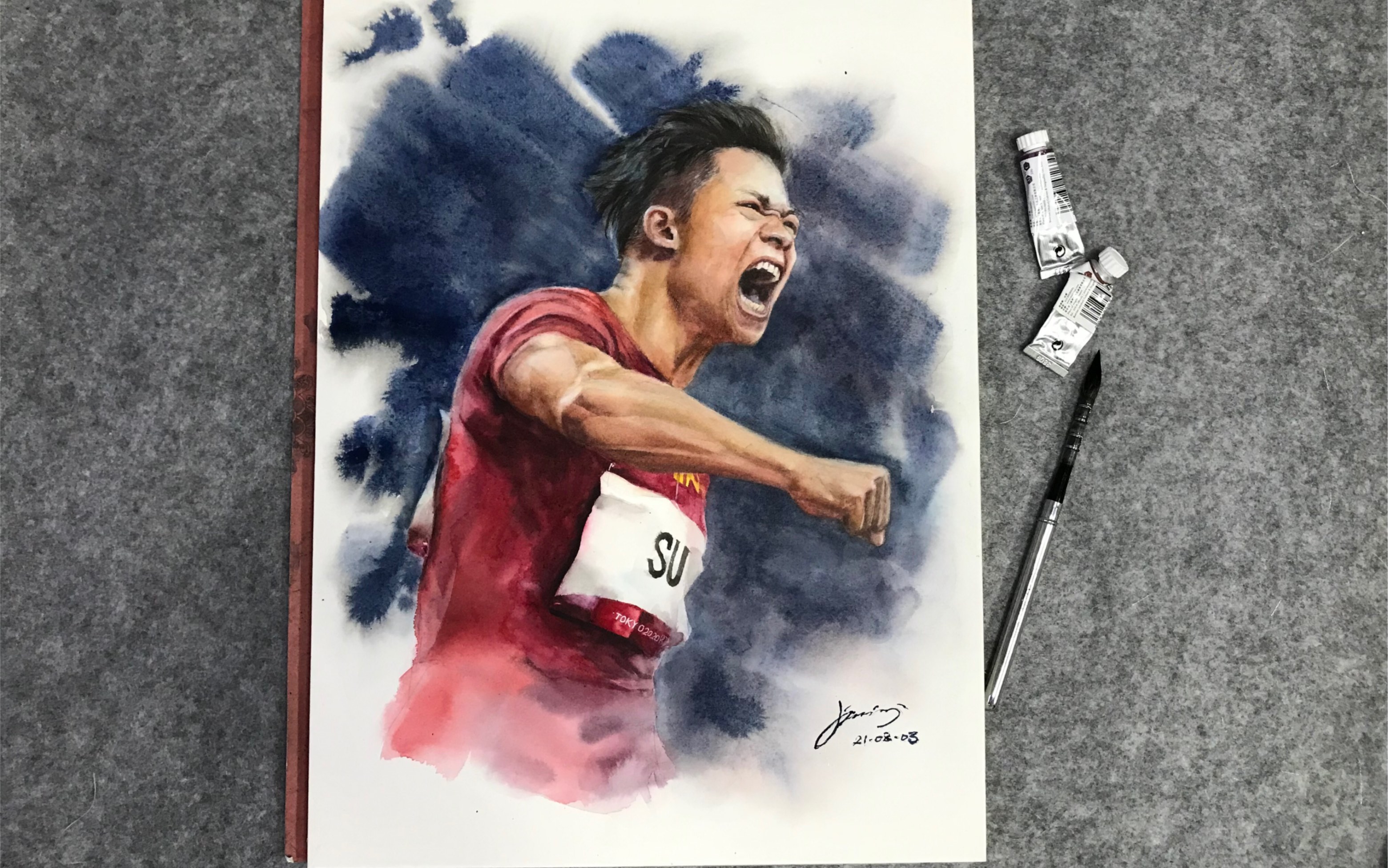 《奥运亚洲飞人—苏炳添》莹芬水彩原创绘画过程分享