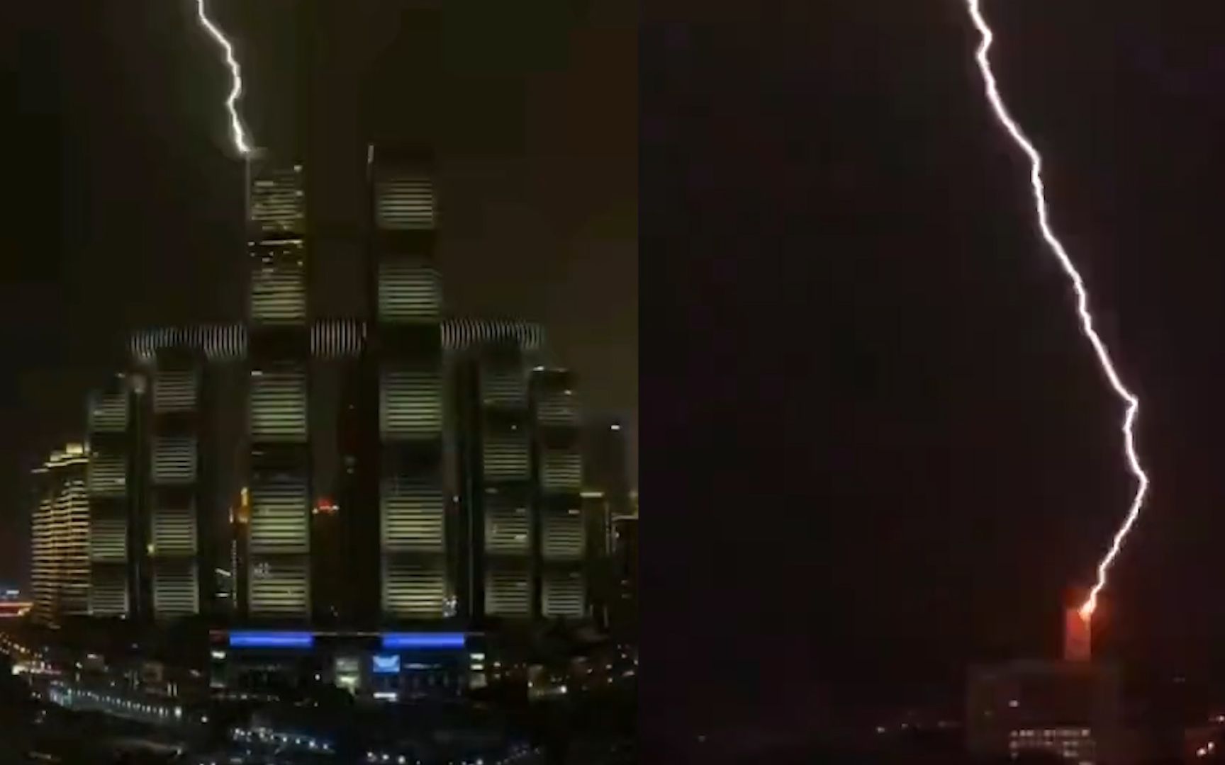 [图]重庆暴雨电闪雷鸣，闪电击中朝天门大楼、高校图书馆 女子吓得尖叫