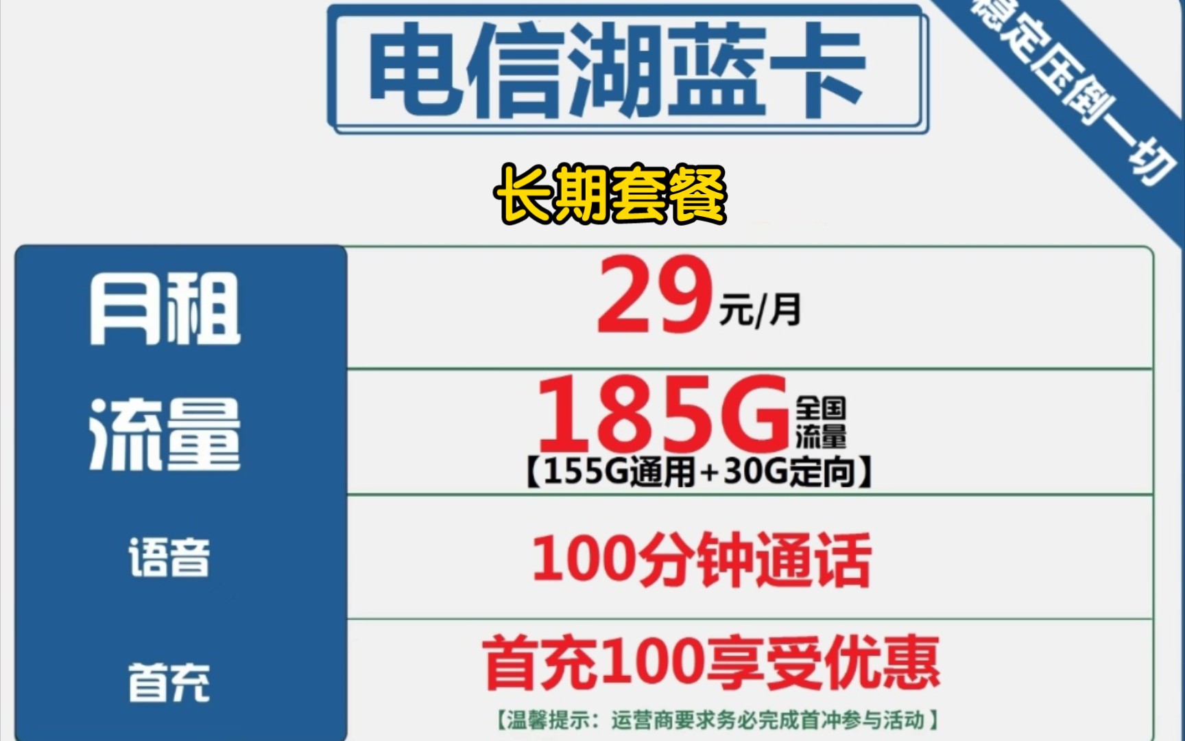 湖南电信湖蓝卡29元包155G通用流量+30G定向流量+100分钟通话(长期套餐)哔哩哔哩bilibili