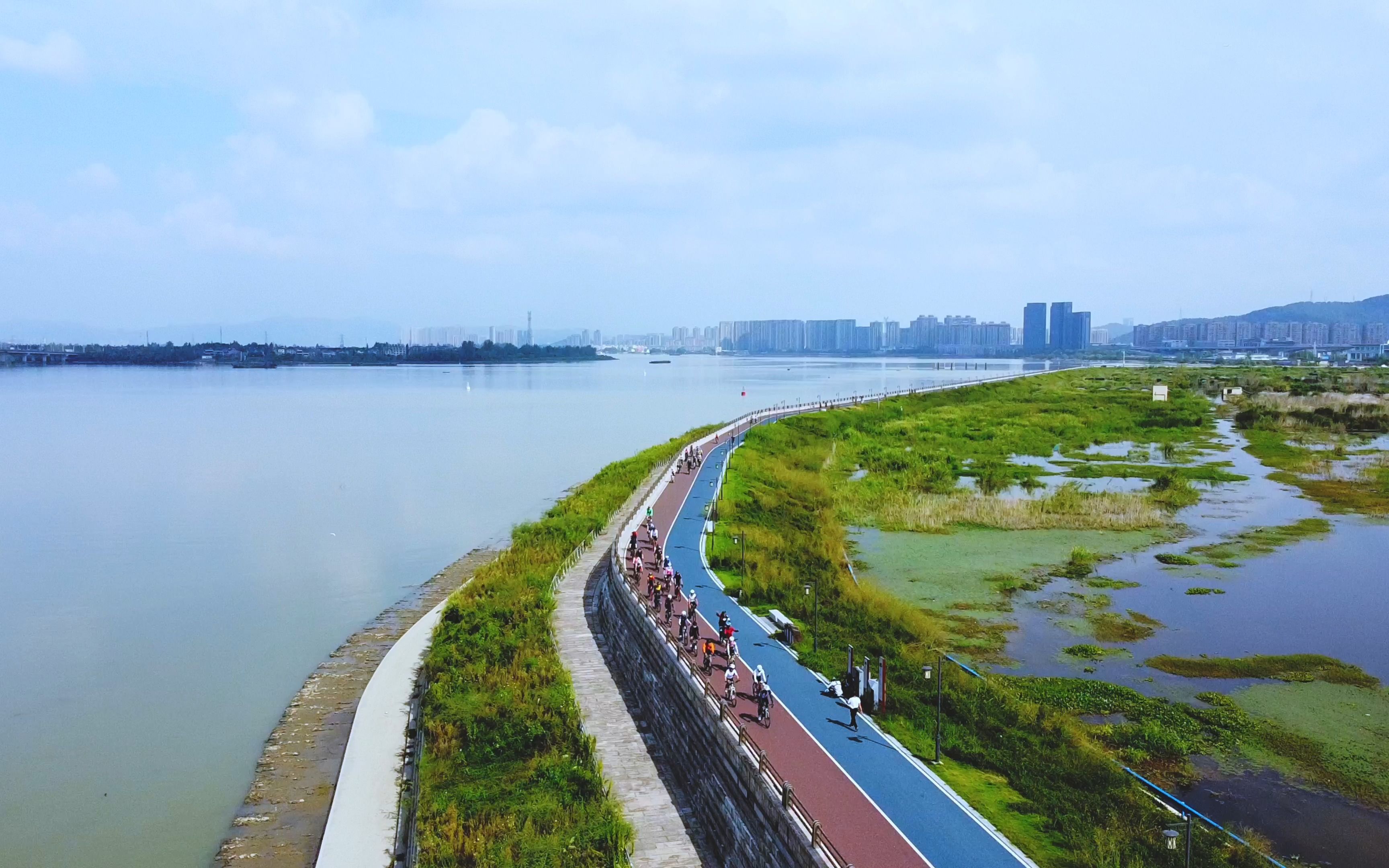 杭州湘湖,三江口,浦阳江绿道骑行航拍