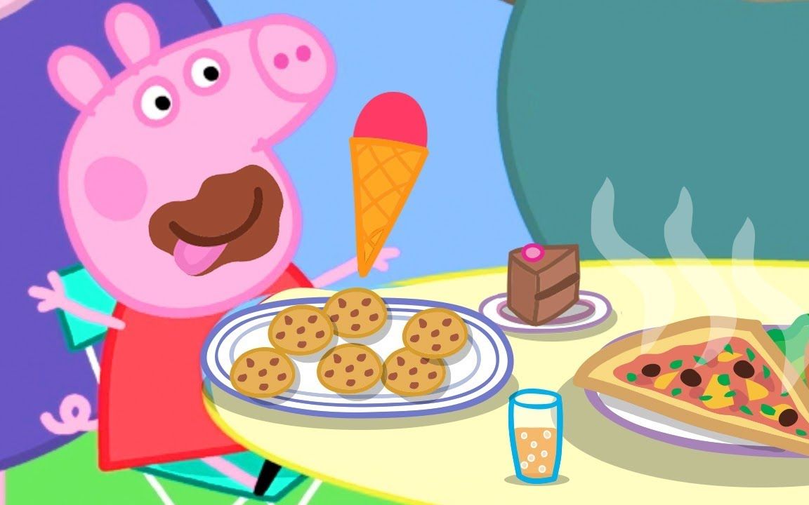 小猪佩奇一边吃冰淇淋,一边吃饼干,儿童益智画画游戏