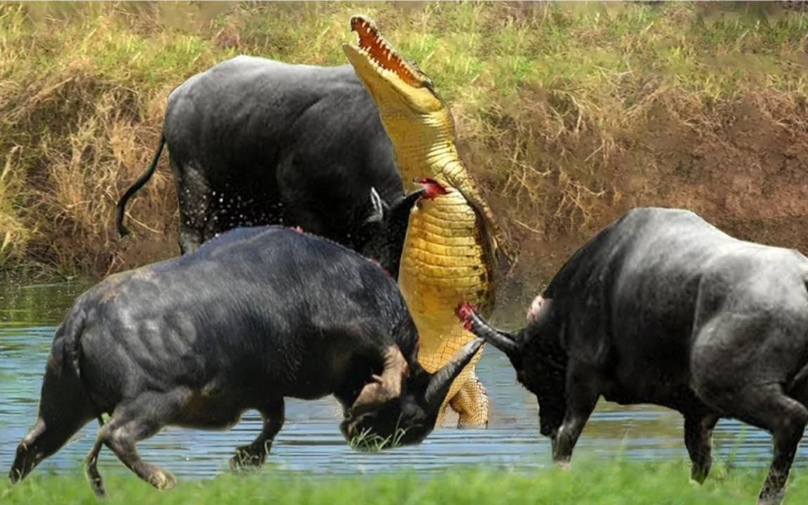 不可思议!巨大的鳄鱼被勇敢的水牛群__动物攻击