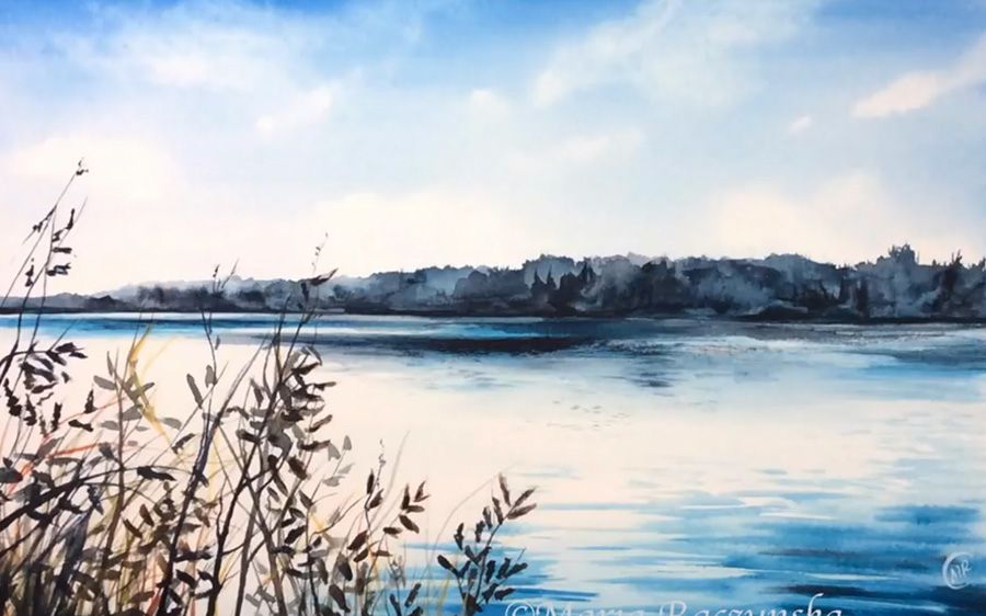 水彩风景天空云朵水海芦苇