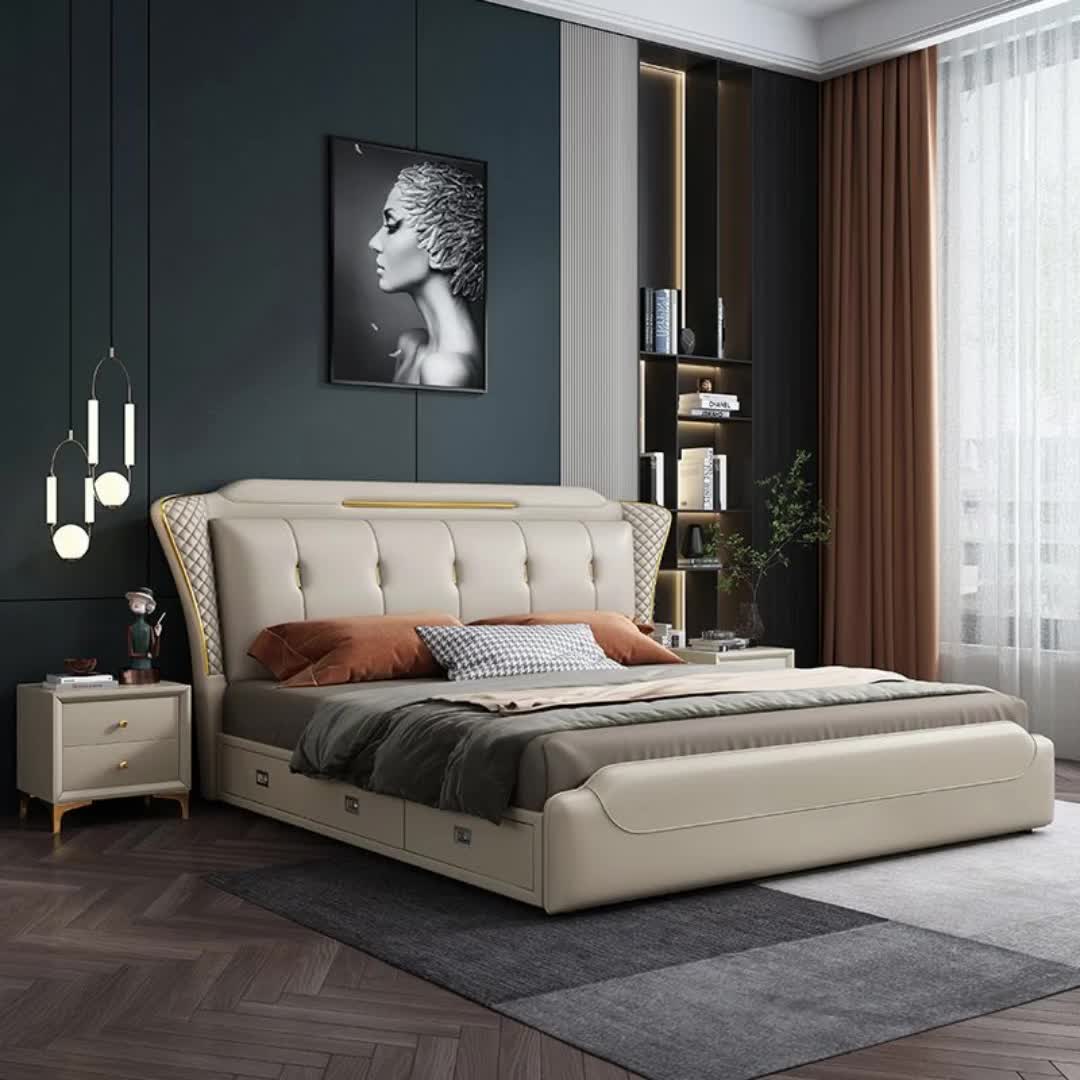 科技布主卧大床轻奢风现代双人床真皮床1.8米高箱储物床1.5米床4178