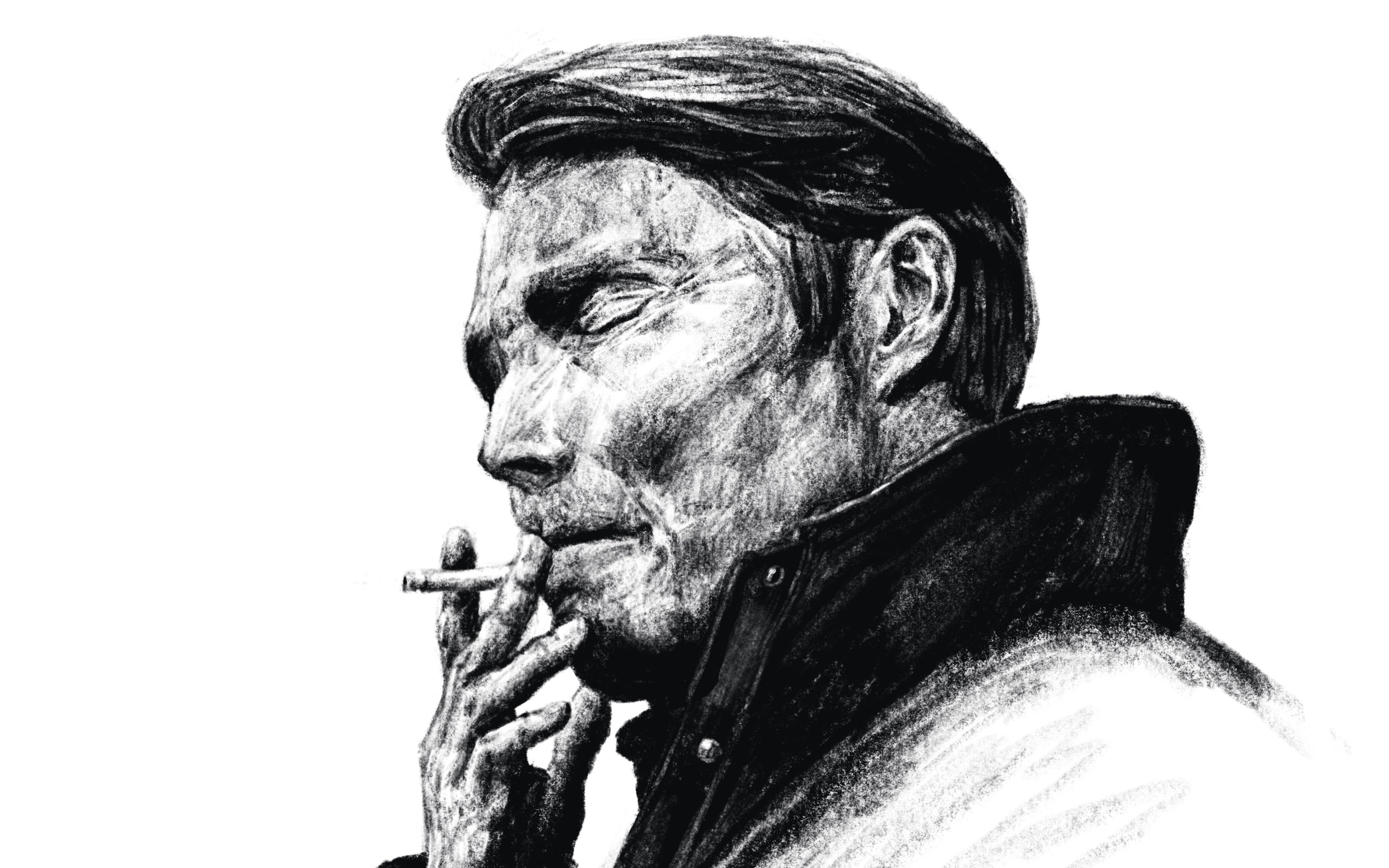 抽烟的老人素描图片