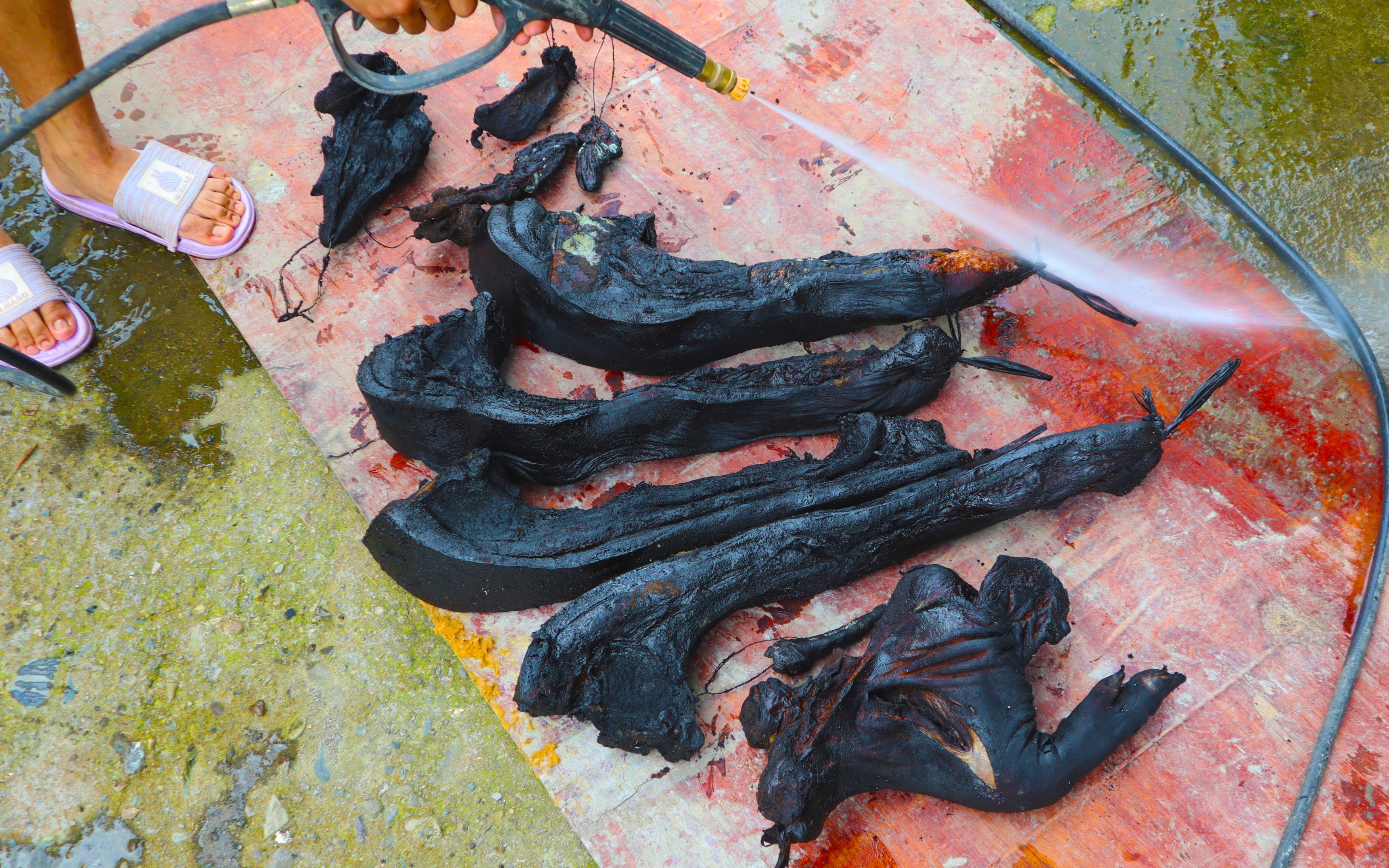 姨妈家的腊肉布满顽固黑灰,看着就难受,用高压水枪一洗瞬间解脱了