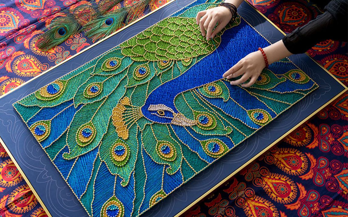 【弦丝画】墙蛙中式创意减压钉子绕线弦丝画吉祥鸟孔雀制作视频