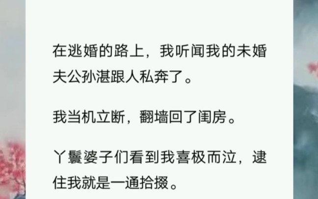 在逃婚的路上我听闻我的未婚夫公孙湛跟人私奔了.我当机立断,翻墙回了闺房.丫鬟婆子们看到我喜极而泣,逮住我就是一通拾掇.我由着她们给我穿上凤...