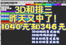 Télécharger la video: 3D福彩和排三体彩，昨天3D和排三四胆码都中了，排三四码复式直选中1040元和组选173元，3D四码复式组选346元。（仅供参考）复制软件号码，看9月9号视频。