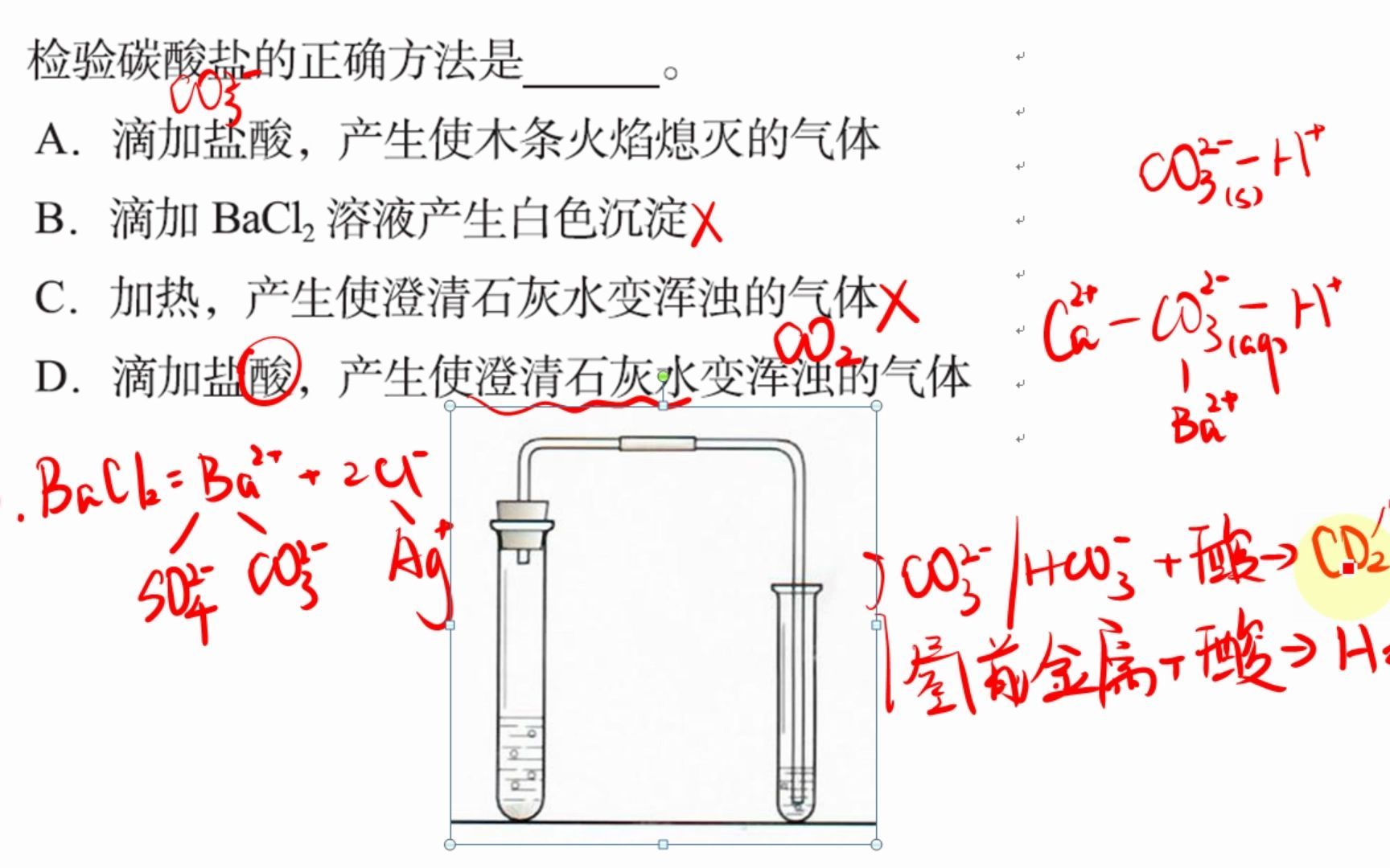 1.检验碳酸盐的正确方法是 A.滴加盐酸,产生使木条火焰熄灭的气体B.滴加 BaCl溶液产生白色沉淀 C.加热,产生使澄清石灰水变浑浊的气体D.滴加盐酸,产...