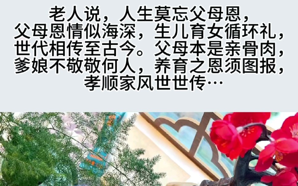 [图]老人说，人生莫忘父母恩，父母恩情似海深，生儿育女循环礼，世代相传至古今。父母本是亲骨肉，爹娘不敬敬何人，养育之恩须图报，孝顺家风世世传…#思维格局 #提升自己