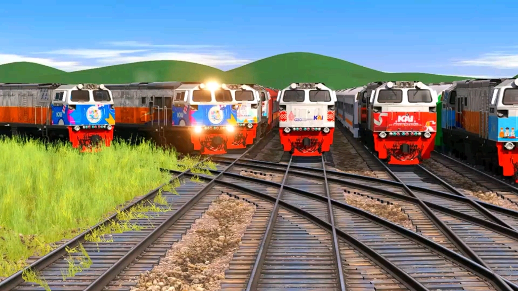 六列火车在铁路交叉口交汇