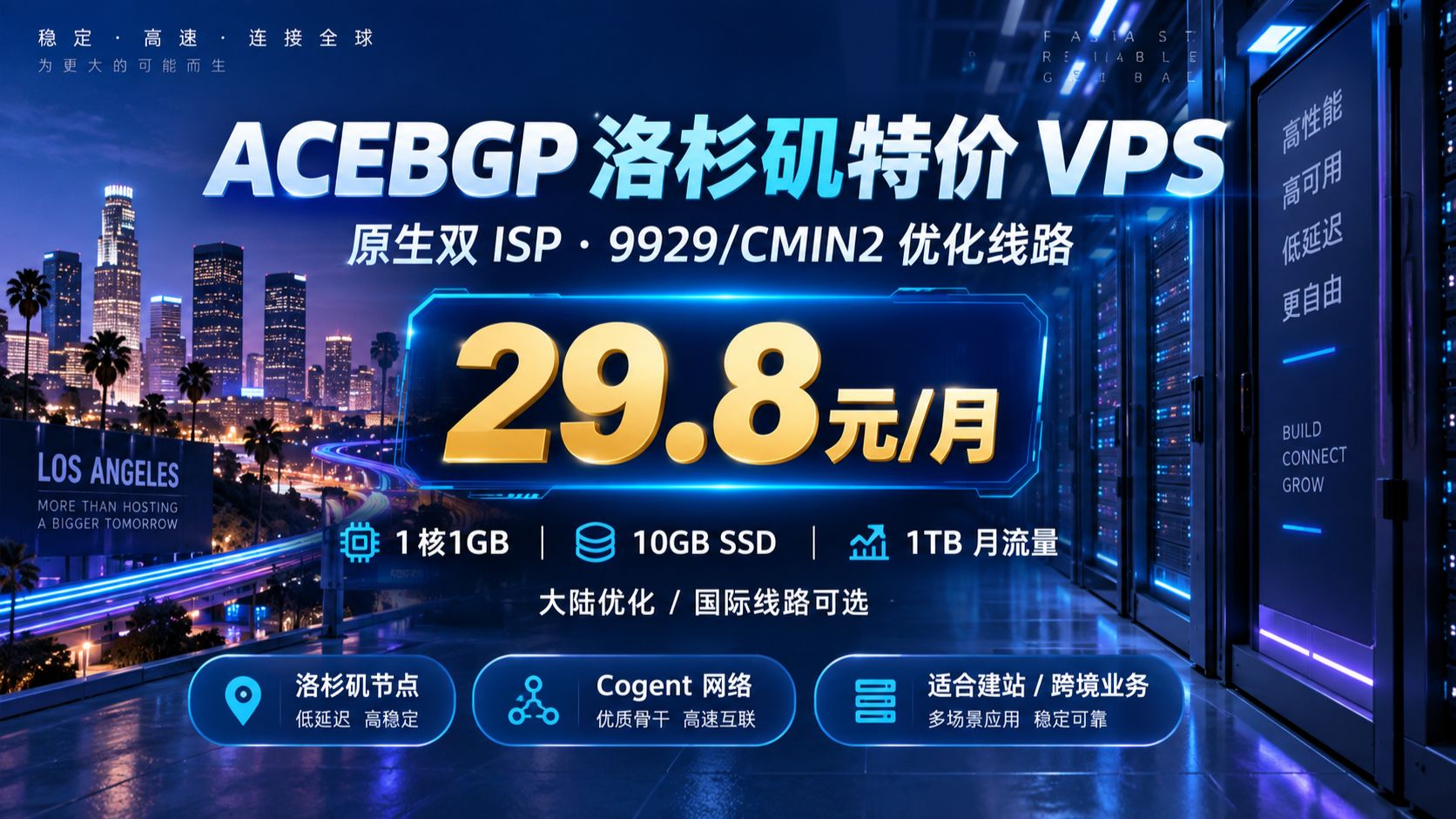 9929/CMIN2 双优化线路只要 29.8 元 / 月?ACEBGP 洛杉矶特价 VPS:原生双 ISP 上车