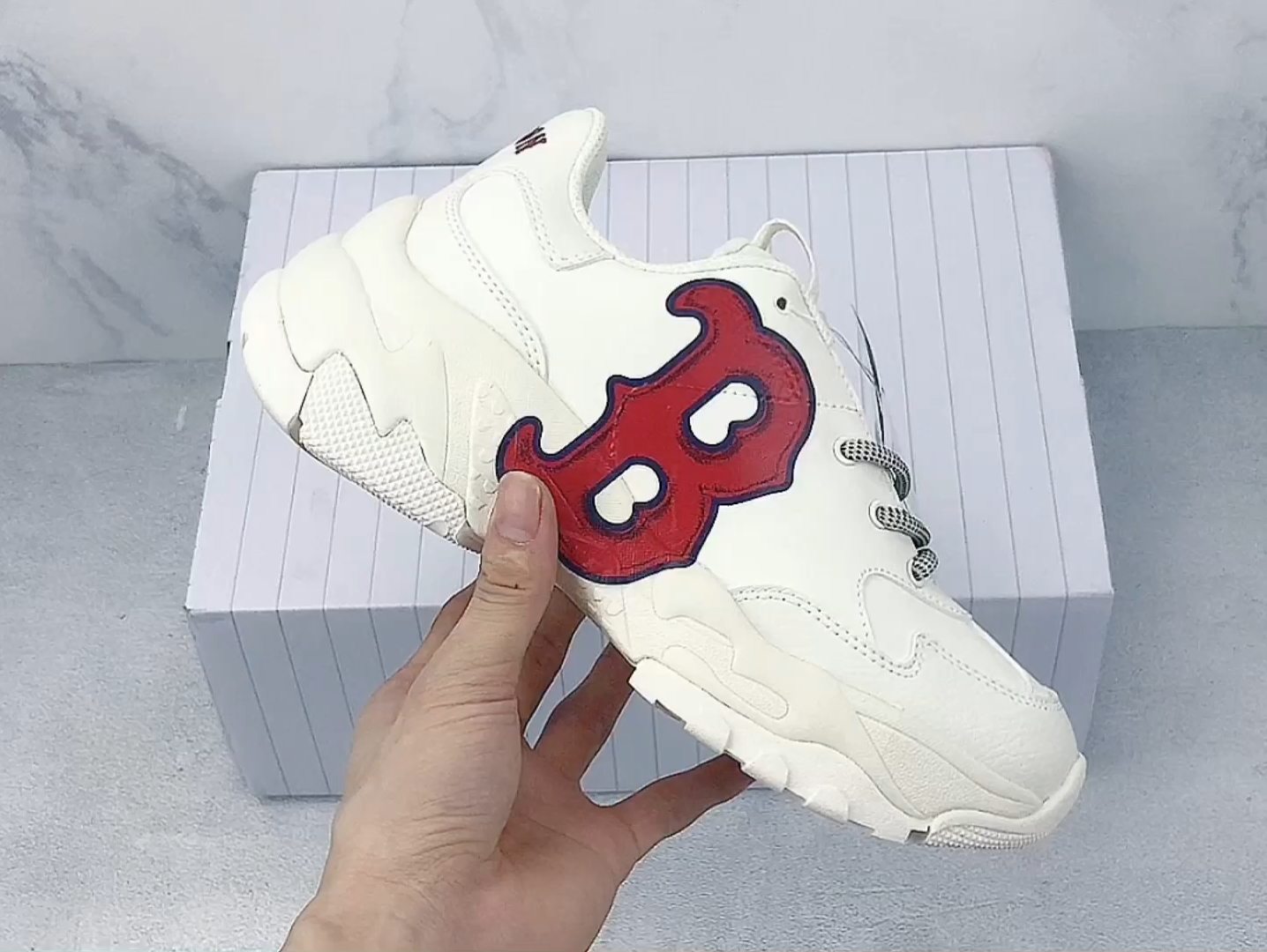 实拍视频mlb ny 老爹鞋 字母大b 格子b 米白红色 韩国洋基队ny大标