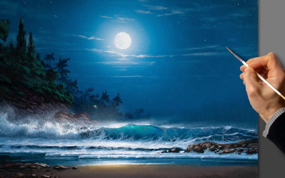 【丙烯画】海景画夜晚的海洋简单的艺术哔哩哔哩bilibili