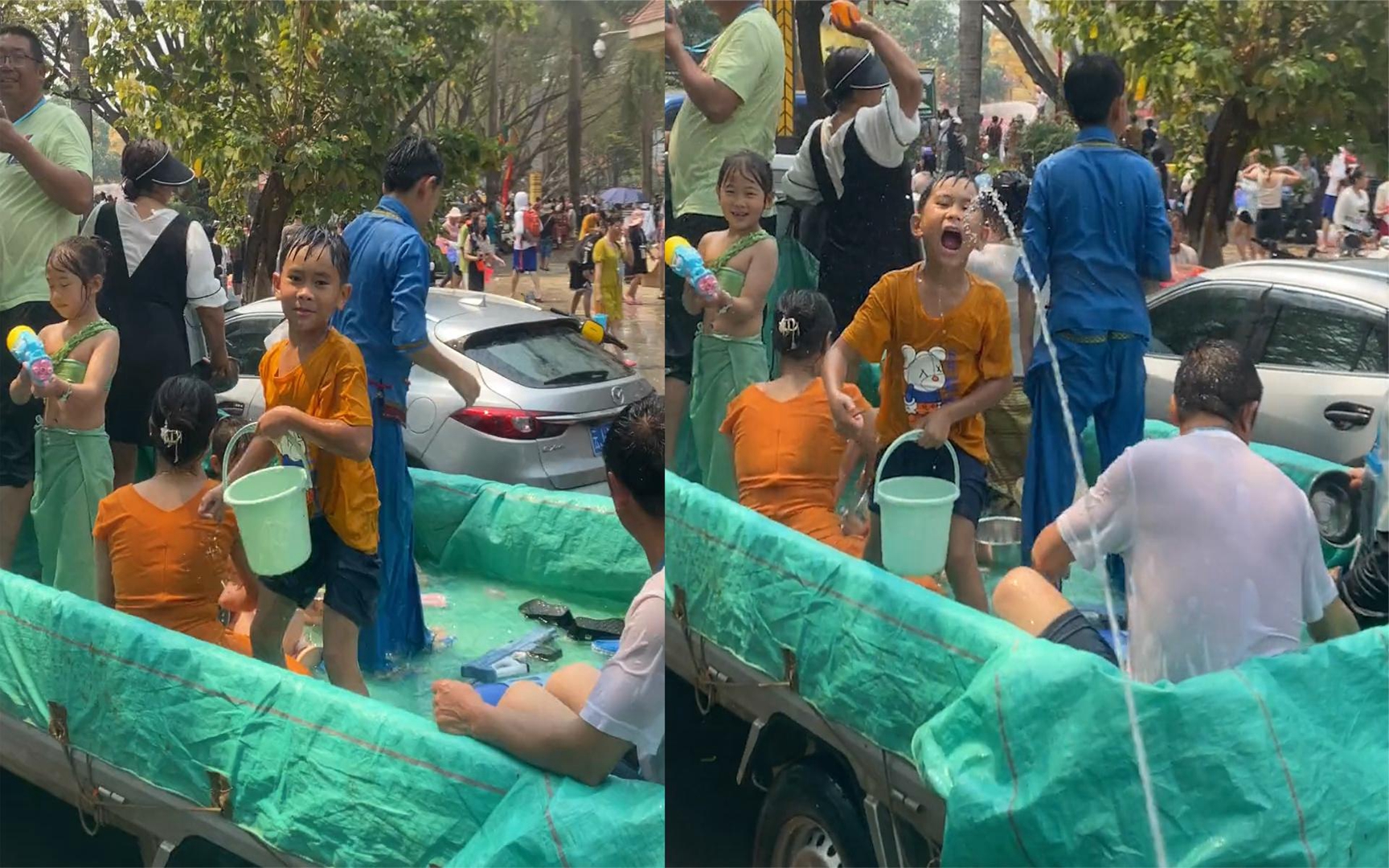 男孩面对水枪呲水用嘴巴接住,随后竖起大拇指表示肯定,场面爆笑