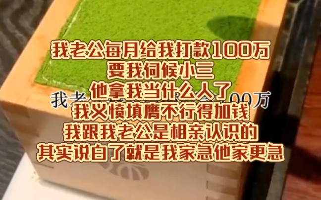 我老公每月给我打款100万要我伺候小三他拿我当什么人了我义愤填膺不行得加钱我跟我老公是相亲认识的其实说白了就是我家急他家更急哔哩哔哩bilibili