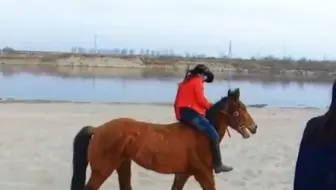 红衣美女野骑皮马脖子上了