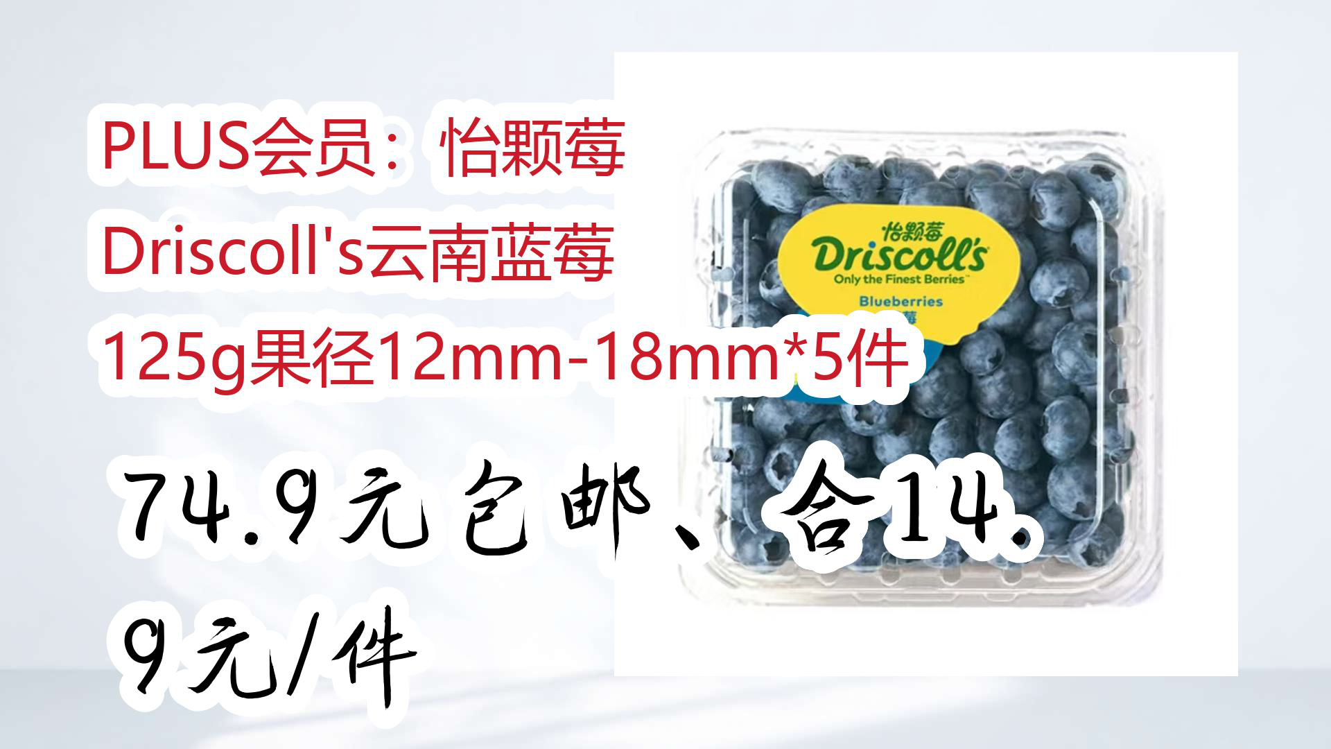 【京东优惠】PLUS会员:怡颗莓 Driscoll's云南蓝莓 125g果径12mm18mm*5件 74.9元包邮、合14.9元/件哔哩哔哩bilibili