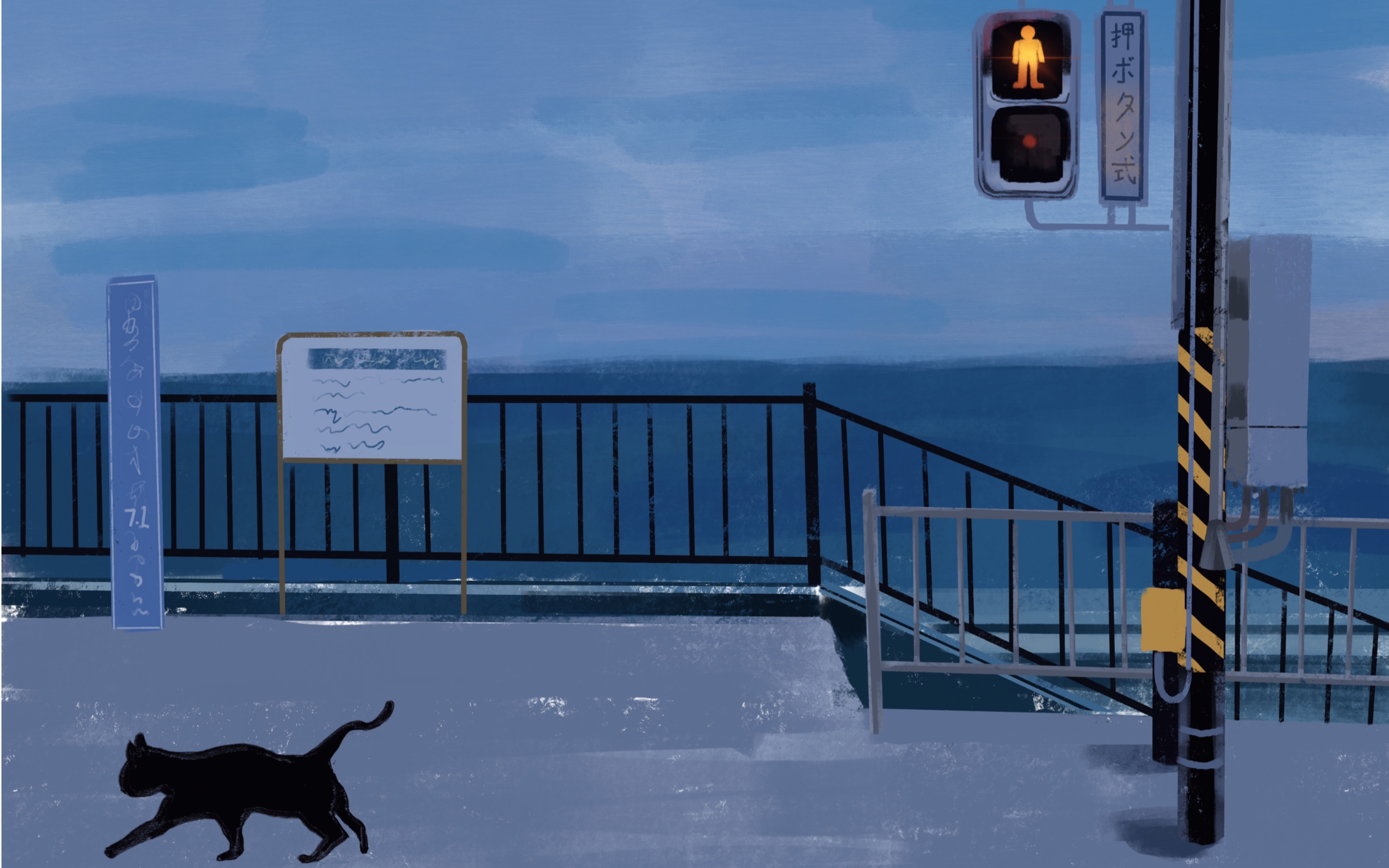 「ipad pro procreate」场景练习,凌晨海边的街道.