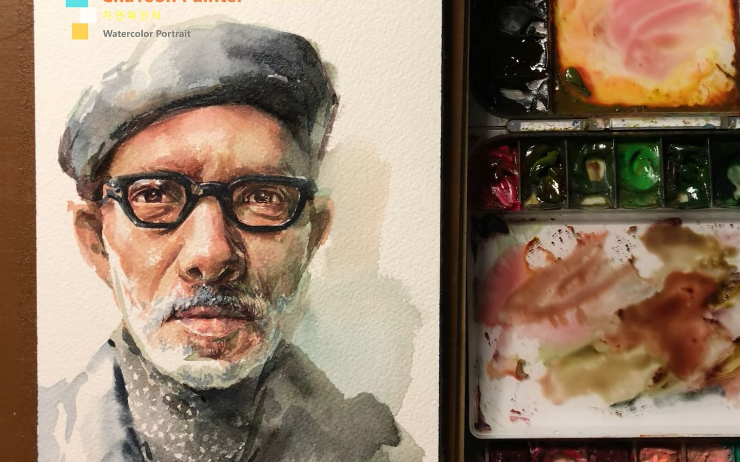 【水彩】人像,戴帽子的中年男人