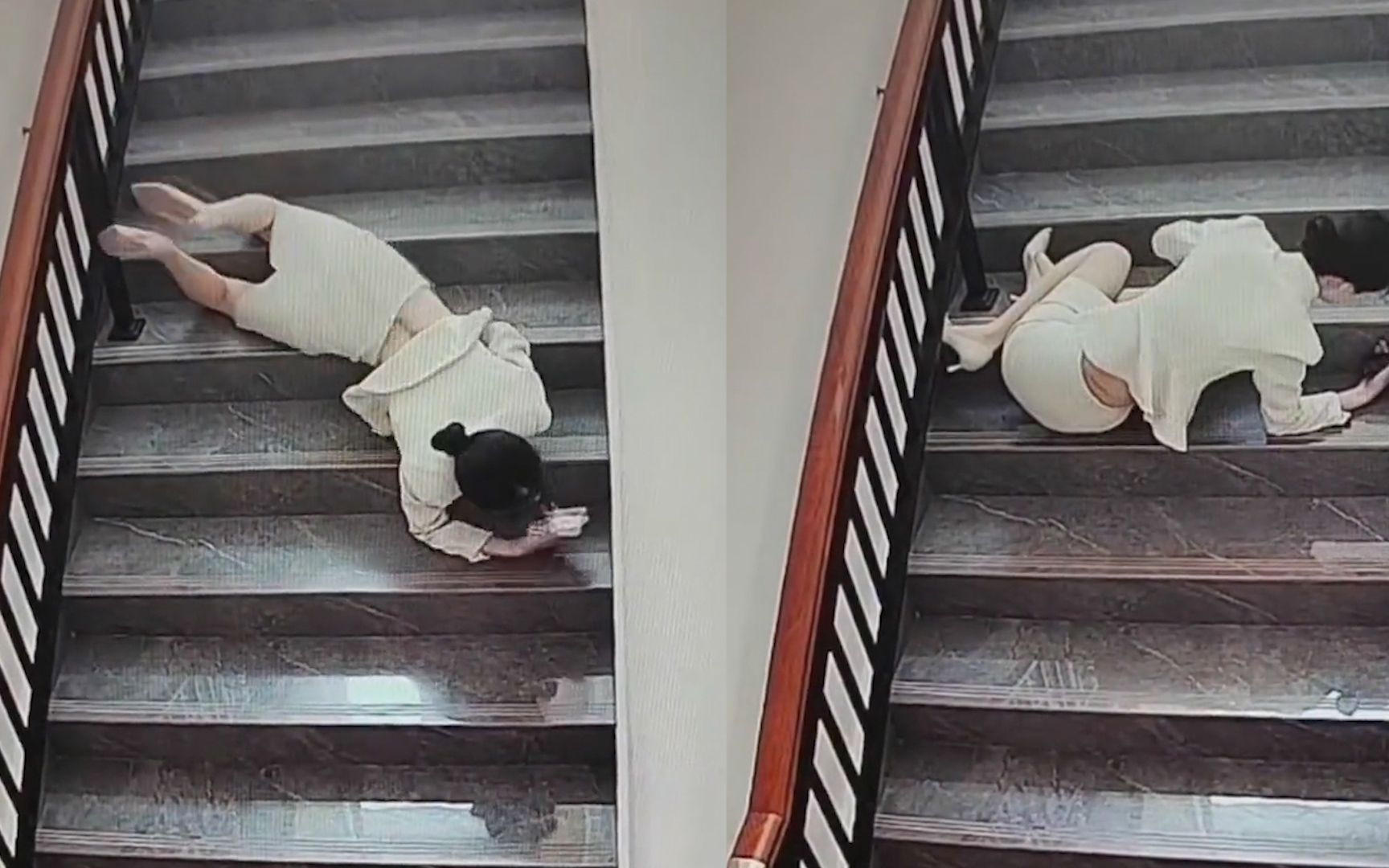 女子穿高跟鞋下楼梯不慎摔倒,第一时间检查手机坏没坏:挺贵的!