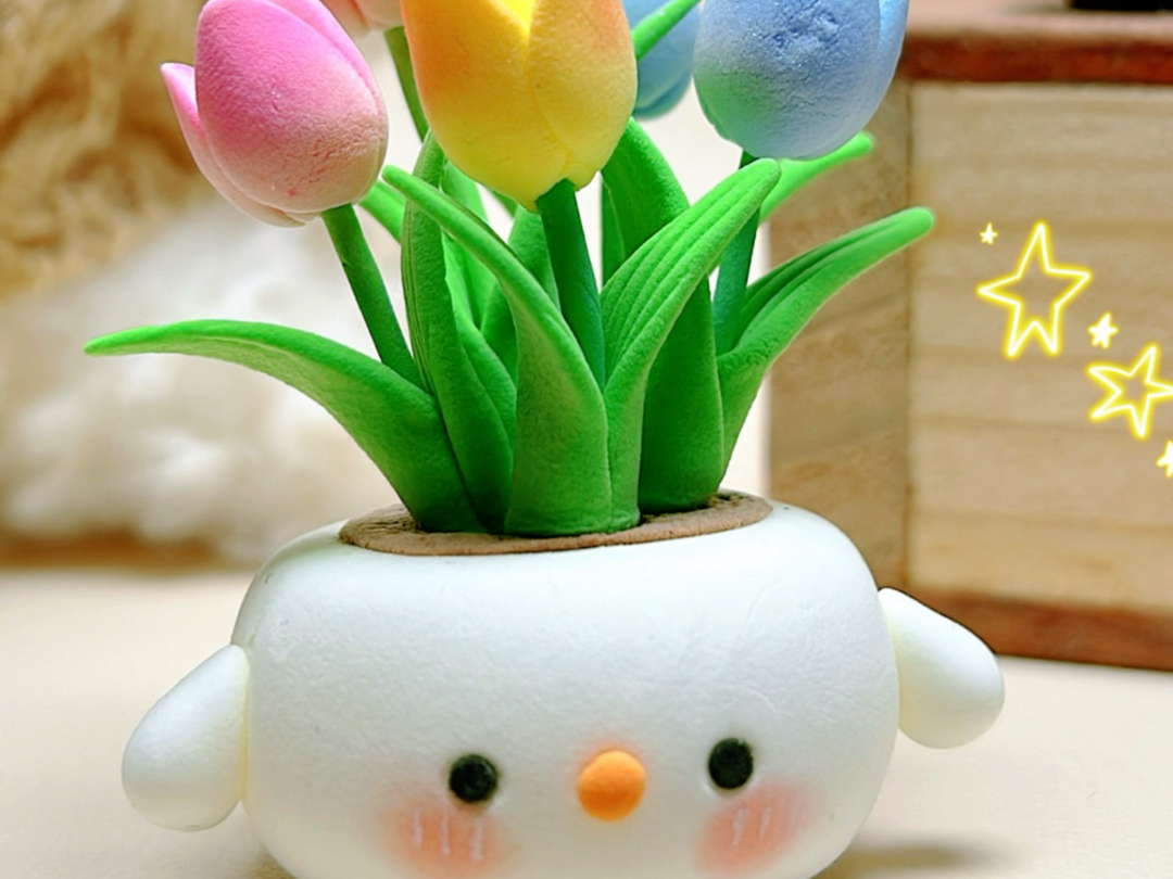 粘土教程|一起来做有手就会的郁金香盆栽桌搭子摆件吧