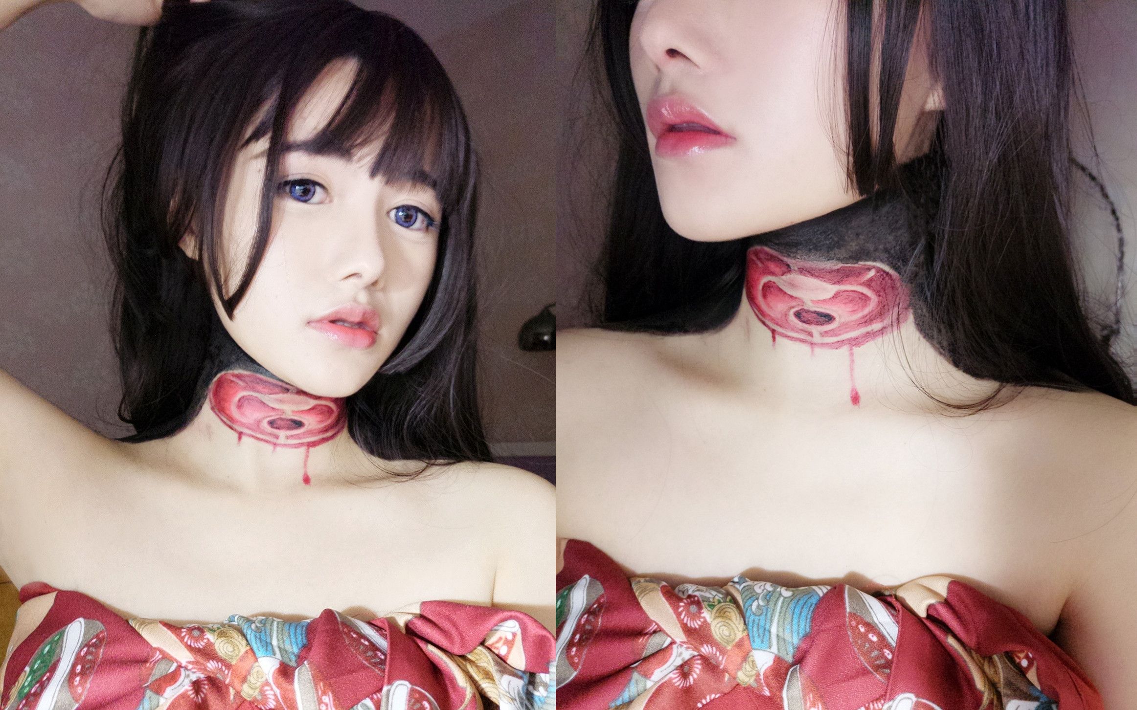 【reaco庭】特效妆容,断头妆.颈部断裂手绘妆容教程!