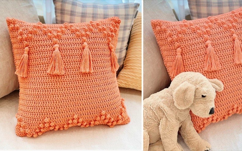 钩针编织爆米花针流苏抱枕,精美又实用的家居装饰_哔哩哔哩_bilibili